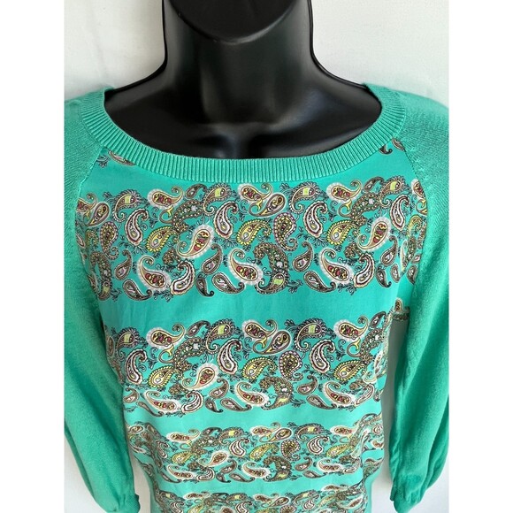 Moth Anthropologie Sweater Top Paisley Print Knit Mix Media Mint Green XS Quirky - Picture 2 of 10
